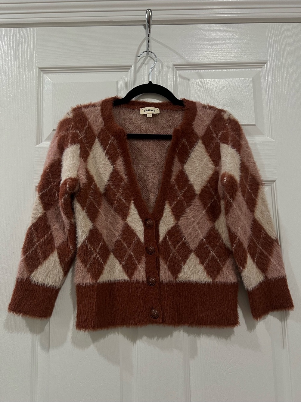 L'AGENCE Fuzzy Argyle Cardigan Sweater Brown Pink Cream Small S